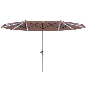 15ft Double-Sided Outdoor Umbrella With Solar Lights,  Extra Large Aluminum Patio Umbrella With Crank, Tan